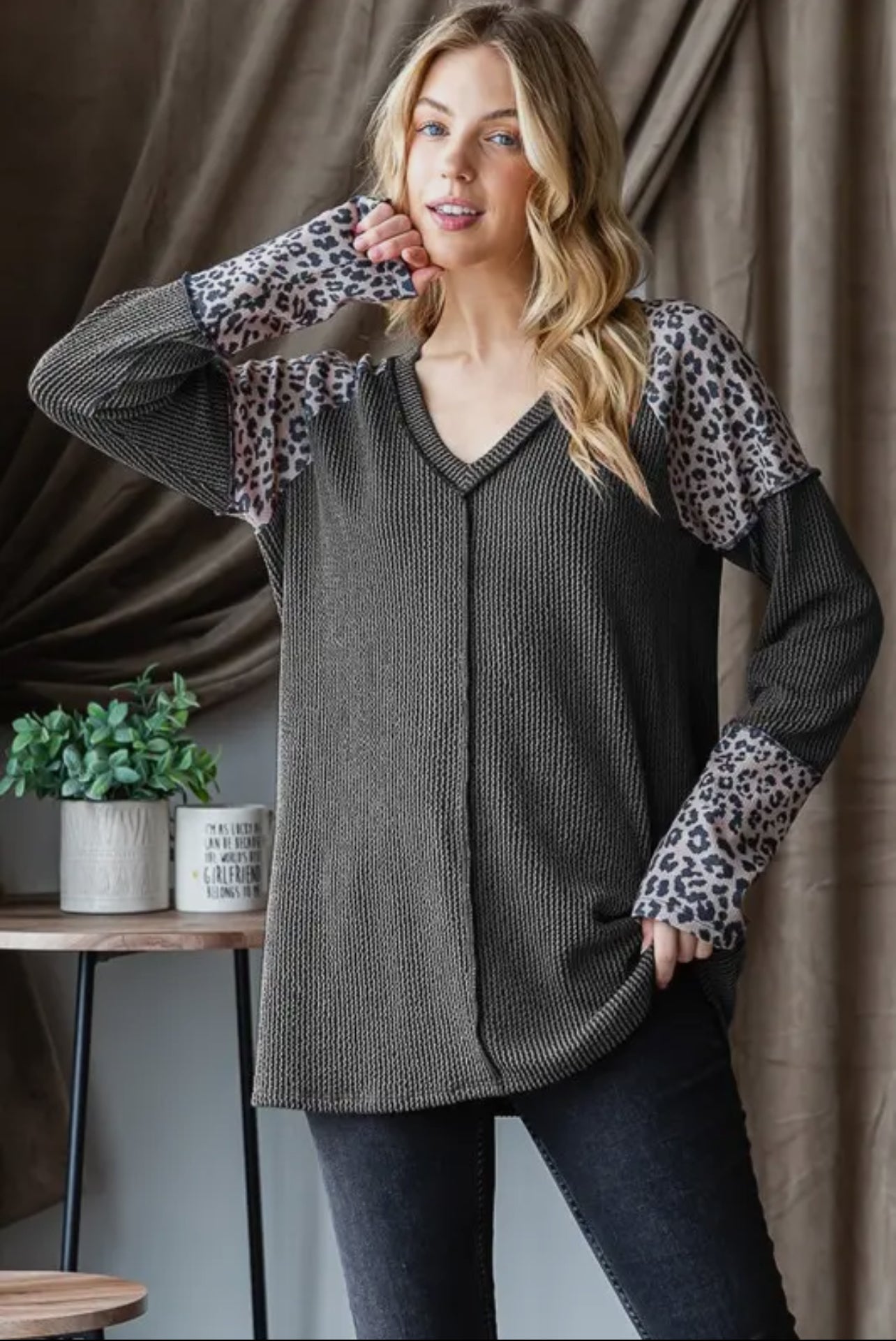 Ribbed Animal Contrast L/S Top