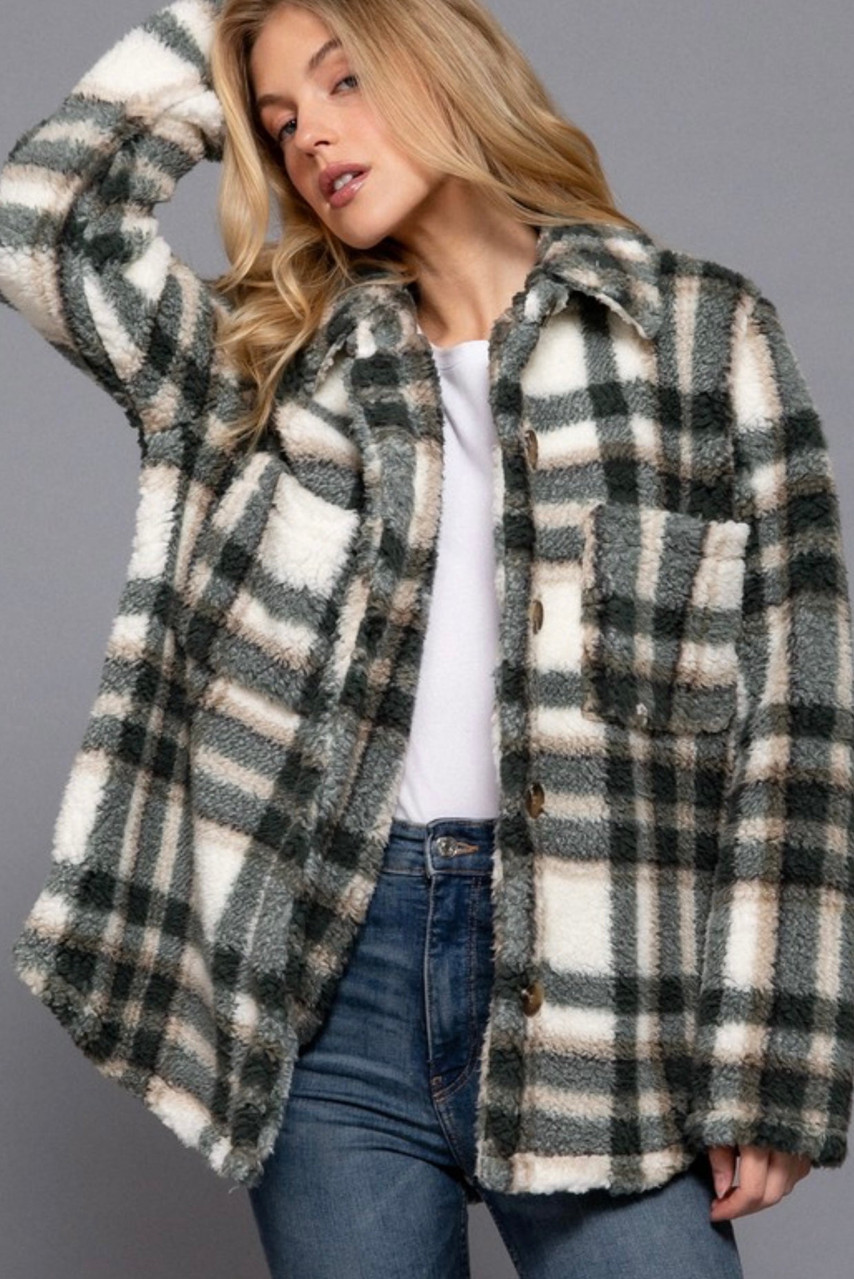 Shacket Fleece Plaid Printed