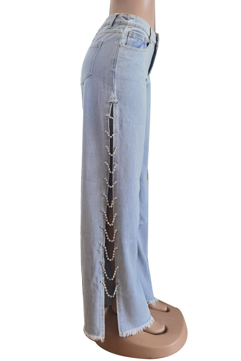 Wide Leg Jeans Rhinestone