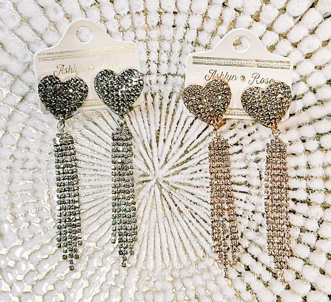 Heart Earrings Rhinestone Fringe - BeLoved Boutique