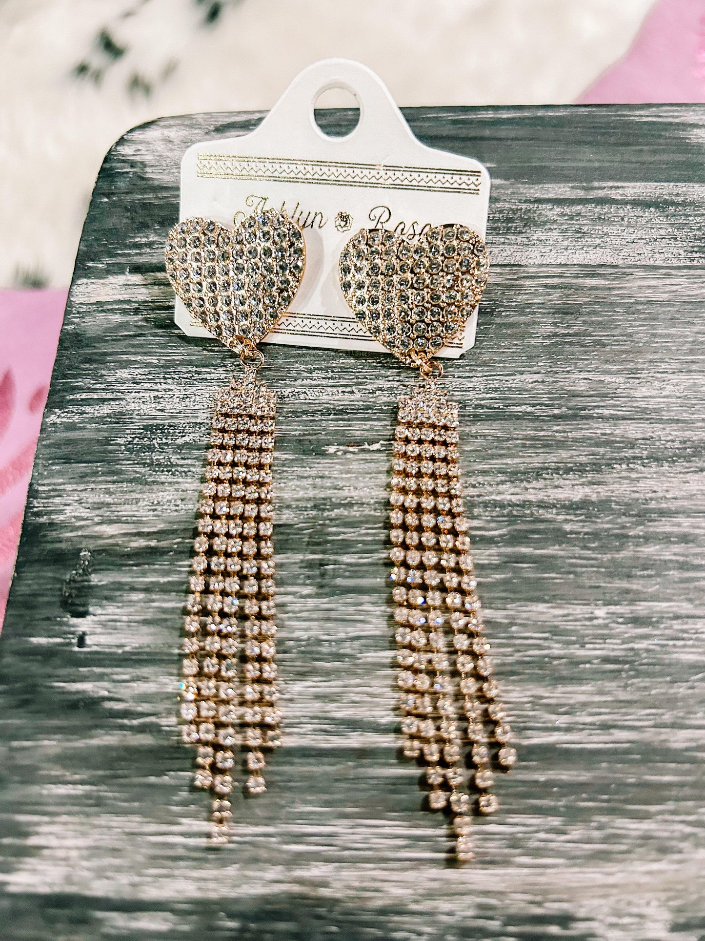Heart Earrings Rhinestone Fringe - BeLoved Boutique