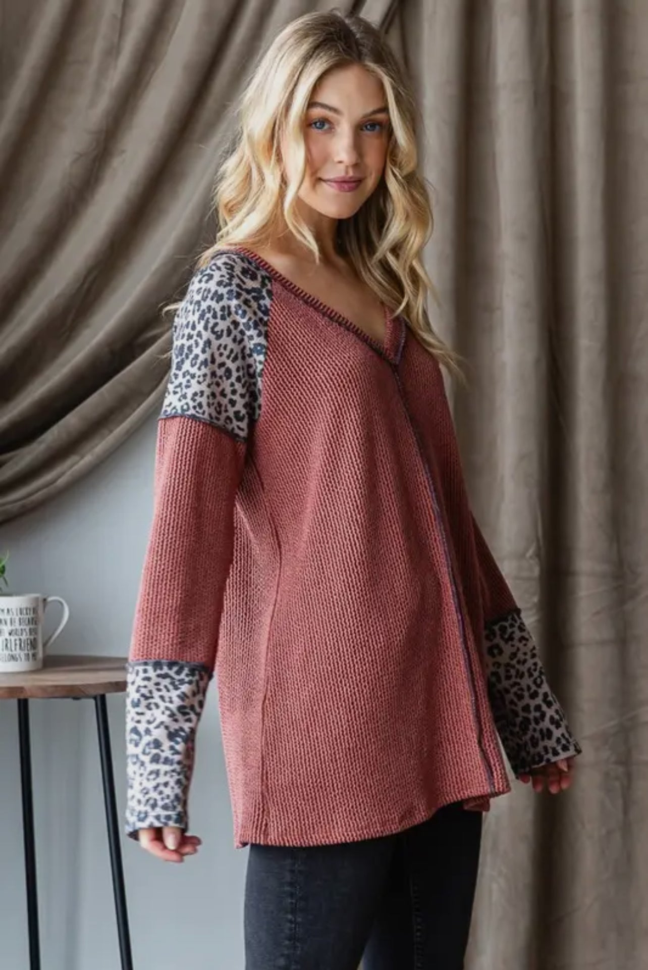 Ribbed Animal Contrast L/S Top