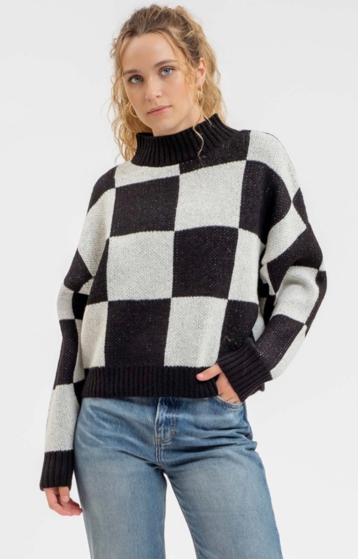 Sweater Checkered Mock Neck