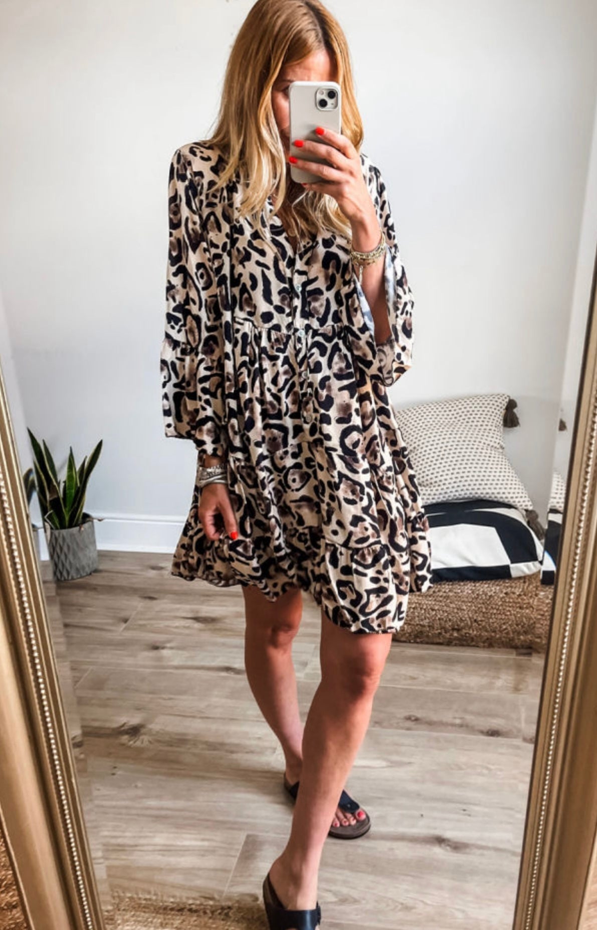 Dress Leopard 3/4 Sleeve Ruffle Hem