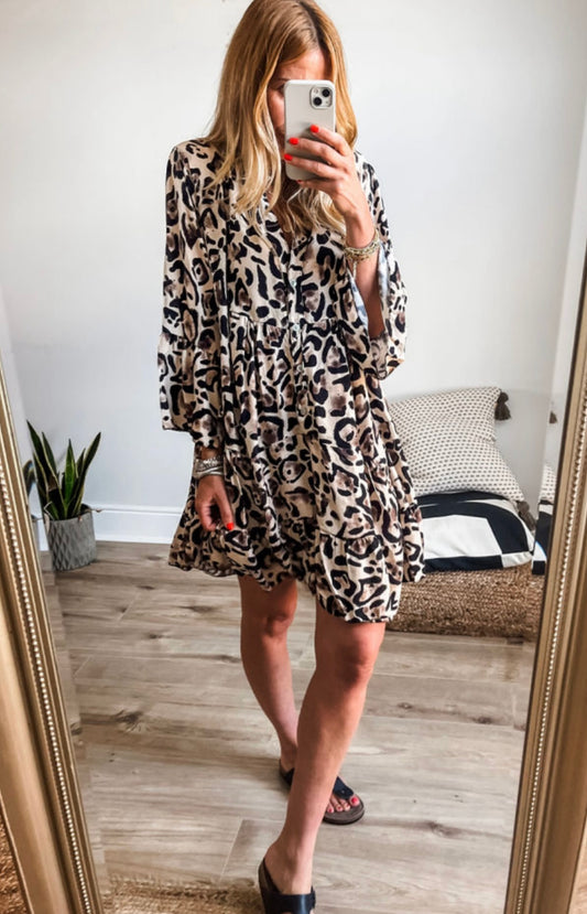 Dress Leopard 3/4 Sleeve Ruffle Hem