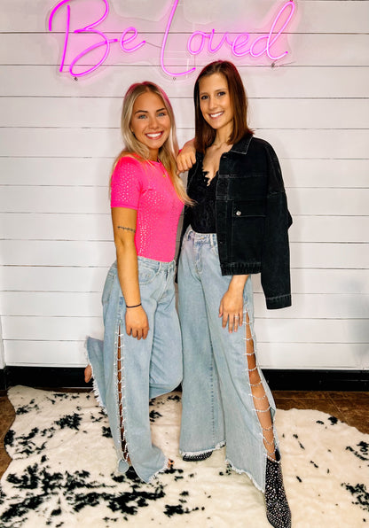 Wide Leg Jeans Rhinestone