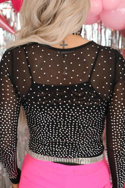 Rhinestone Mesh L/S Bodysuit - BeLoved Boutique 