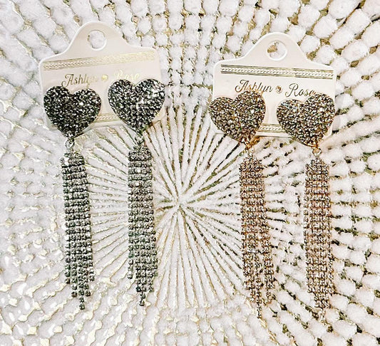 Heart Earrings Rhinestone Fringe - BeLoved Boutique 