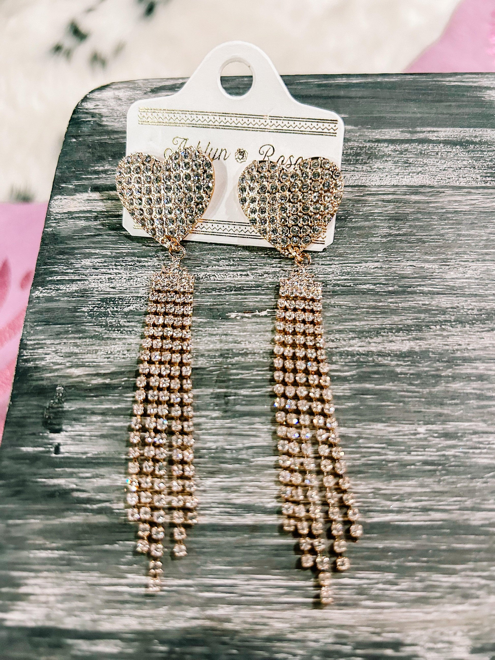 Heart Earrings Rhinestone Fringe - BeLoved Boutique 